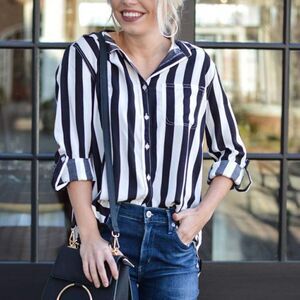 VELVET HEART Black & White Striped Button Front Long Roll Sleeve Blouse XS